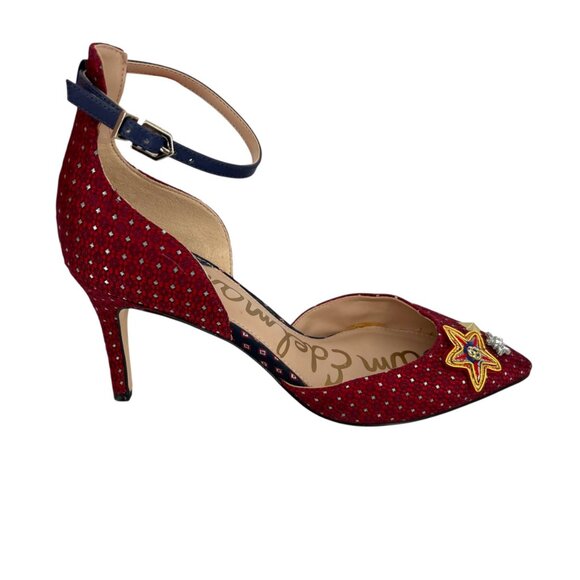 Sam Edelman Tabby 2 Red Embellished Pointed Toe Ankle Strap Heels Size 6 - Picture 1 of 14